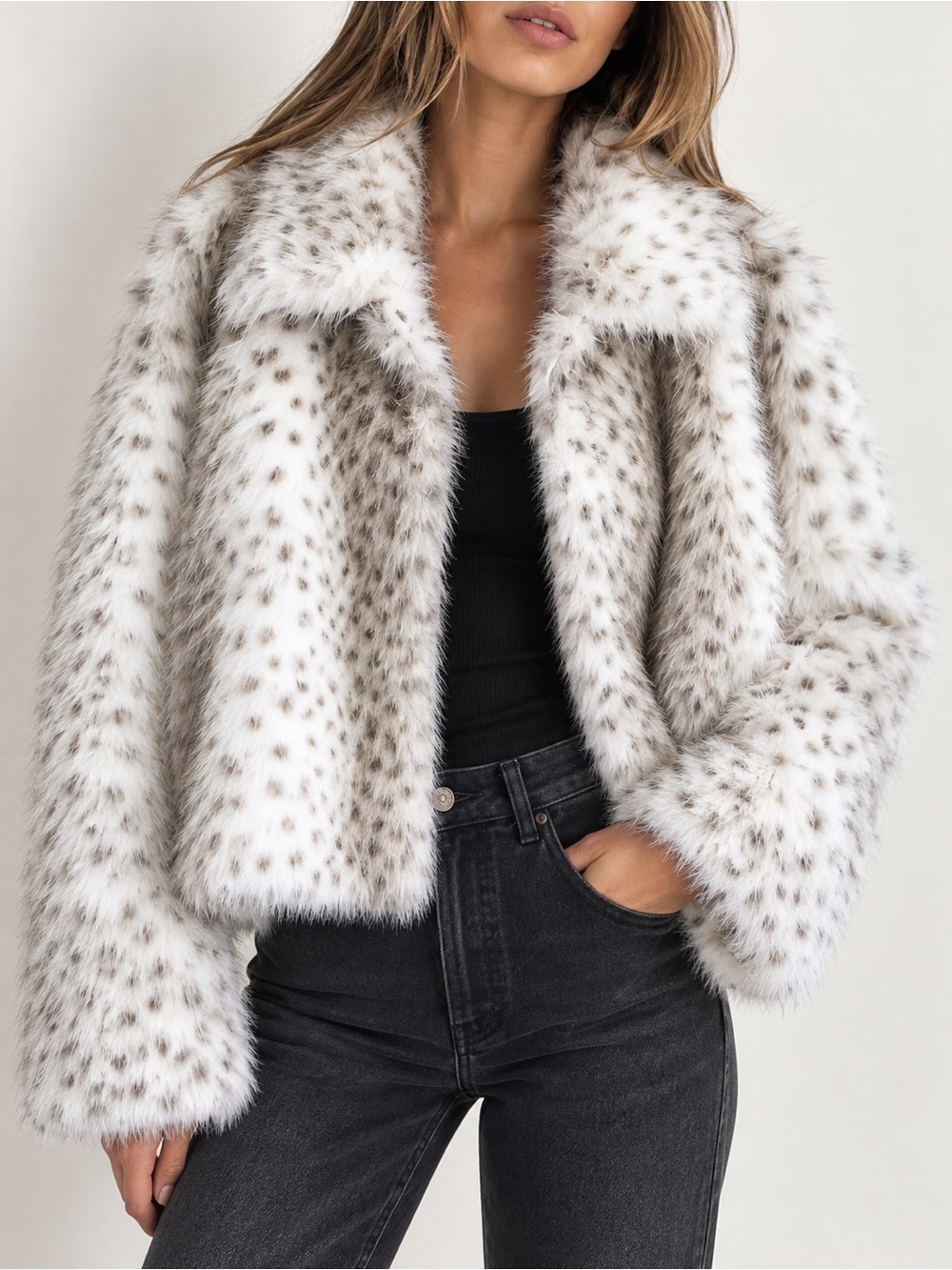 REBECCA MINKOFF Snow Leopard Cropped Shirt Collar Faux Fur Jacket